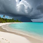 **

"A stunning Caribbean beach in Antigua-et-Barbuda. White sand, turquoise water, a cocktail with a tiny umbrella in the foreground. Overcast sky with dramatic clouds hinting at a brewing tropical storm in the distance. Palm trees slightly bent by a gentle, but increasing wind."

**