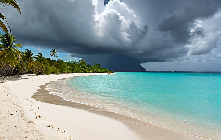 **
"A stunning Caribbean beach in Antigua-et-Barbuda. White sand, turquoise water, a cocktail with a tiny umbrella in the foreground. Overcast sky with dramatic clouds hinting at a brewing tropical storm in the distance. Palm trees slightly bent by a gentle, but increasing wind."
**