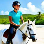 A professional female rider, fully clothed in modest long sports leggings, a loose short-sleeved shirt, and a riding helmet, gracefully galloping on a magnificent cream-colored horse along a pristine white-sand beach in Antigua-et-Barbuda. The turquoise Caribbean sea stretches to the horizon with gentle waves. Lush green tropical vegetation lines the distant shore under a clear blue sky. Professional outdoor photography, golden hour light, high resolution, stunning detail, vibrant colors, cinematic, realistic, perfect anatomy, correct proportions, natural pose, well-formed hands, proper finger count. safe for work, appropriate content, fully clothed, professional.