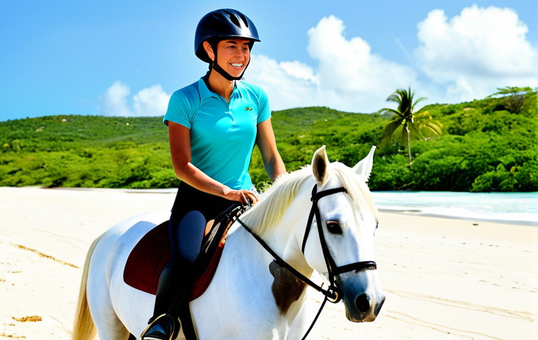 A professional female rider, fully clothed in modest long sports leggings, a loose short-sleeved shirt, and a riding helmet, gracefully galloping on a magnificent cream-colored horse along a pristine white-sand beach in Antigua-et-Barbuda. The turquoise Caribbean sea stretches to the horizon with gentle waves. Lush green tropical vegetation lines the distant shore under a clear blue sky. Professional outdoor photography, golden hour light, high resolution, stunning detail, vibrant colors, cinematic, realistic, perfect anatomy, correct proportions, natural pose, well-formed hands, proper finger count. safe for work, appropriate content, fully clothed, professional.