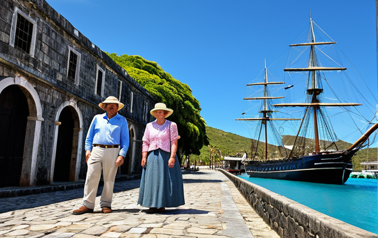 A group of professional tourists, fully clothed in modest, appropriate attire, exploring Nelson's Dockyard National Park in Antigua. They are standing among historic stone buildings with old naval artifacts, and the tall masts of large sailing ships are visible in the background under a clear blue sky. The scene is captured with professional photography, ultra detailed, vibrant colors, and warm lighting. perfect anatomy, correct proportions, natural pose, well-formed hands, proper finger count. safe for work, appropriate content, fully clothed, family-friendly.