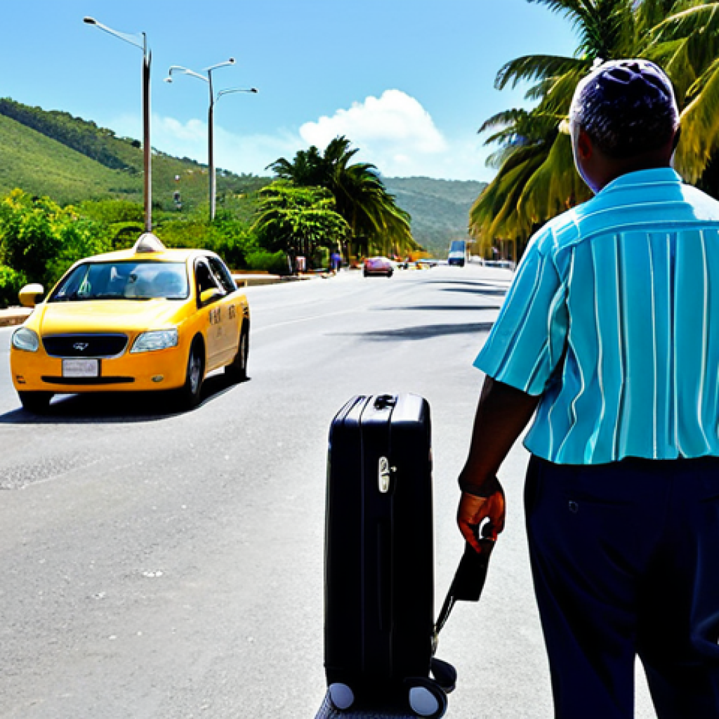 Negotiating with a Taxi Driver**

"A tourist in Antigua, fully clothed in modest vacation attire, cautiously negotiating a fare with a taxi driver near the airport, luggage nearby, bright daylight, palm trees in background, professional photography, realistic, safe for work, appropriate content, natural pose, perfect anatomy."

**