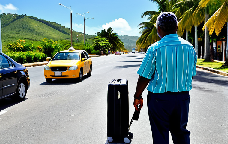 Negotiating with a Taxi Driver**

"A tourist in Antigua, fully clothed in modest vacation attire, cautiously negotiating a fare with a taxi driver near the airport, luggage nearby, bright daylight, palm trees in background, professional photography, realistic, safe for work, appropriate content, natural pose, perfect anatomy."

**