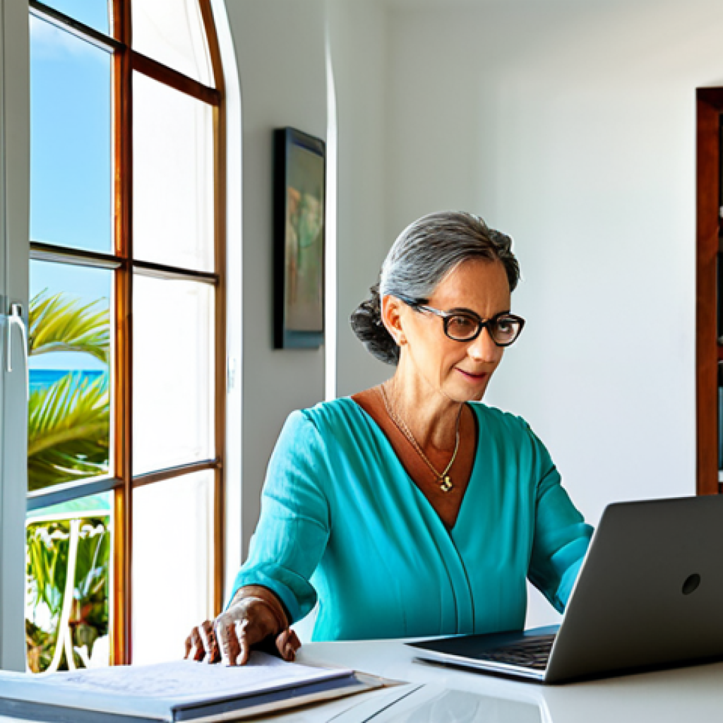 Seaside Villa Office**
"A bright and airy villa interior overlooking the turquoise Caribbean Sea. A mature, professional woman sits at a modern desk, working on a laptop, fully clothed in a stylish, modest linen dress, natural light streaming in. Bookshelves and local artwork adorn the walls. Palm trees visible through the large window. Safe for work, appropriate content, professional, well-lit, perfect anatomy, correct proportions, natural pose, high quality."
**