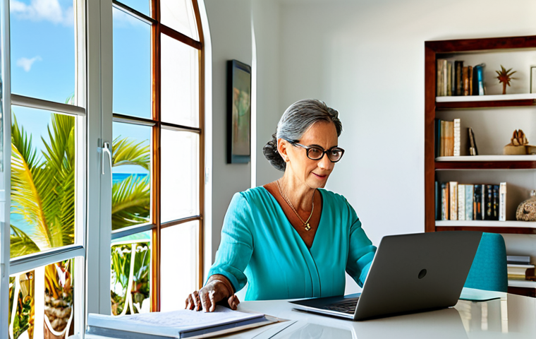 Seaside Villa Office**

"A bright and airy villa interior overlooking the turquoise Caribbean Sea. A mature, professional woman sits at a modern desk, working on a laptop, fully clothed in a stylish, modest linen dress, natural light streaming in. Bookshelves and local artwork adorn the walls. Palm trees visible through the large window. Safe for work, appropriate content, professional, well-lit, perfect anatomy, correct proportions, natural pose, high quality."

**