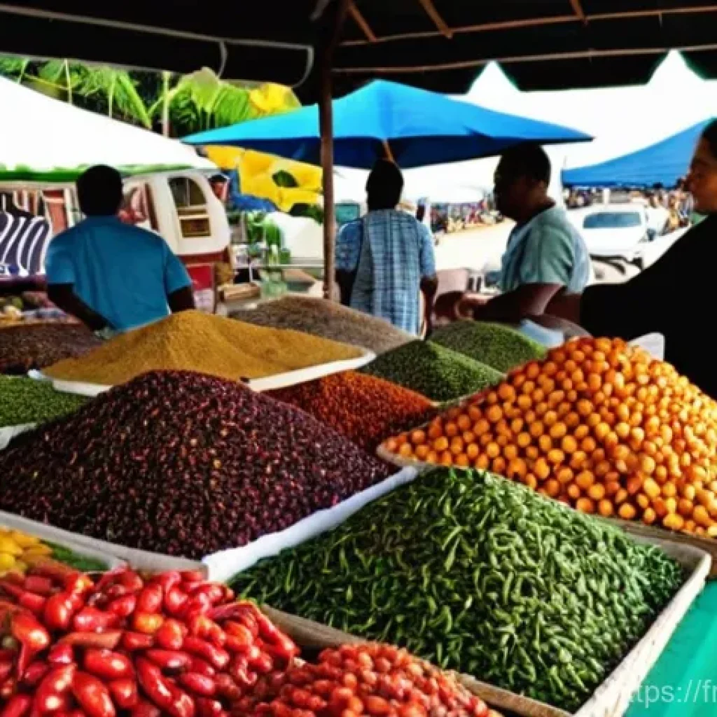 앤티가 바부다 기념품 추천 - **Vibrant Caribbean Market of Flavors:** A bustling, open-air market stall in St. John's, Antigua, b...