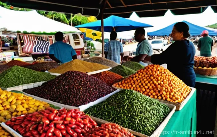 앤티가 바부다 기념품 추천 - **Vibrant Caribbean Market of Flavors:** A bustling, open-air market stall in St. John's, Antigua, b...