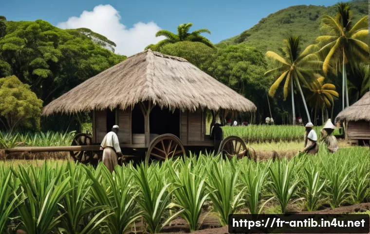 앤티가 바부다 노예제 역사 - A vivid historical scene depicting a bustling 18th-century Caribbean sugar plantation on Antigua, wi...