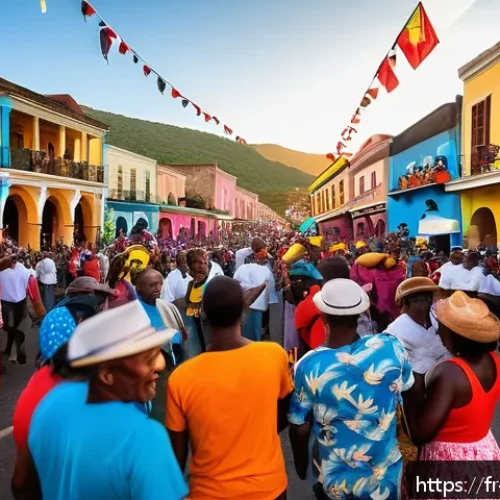 Home 33 앤티가 바부다 칼립소 음악가 - A vibrant street scene during Antigua’s Carnival festival at sunset, featuring a diverse crowd joyfu...