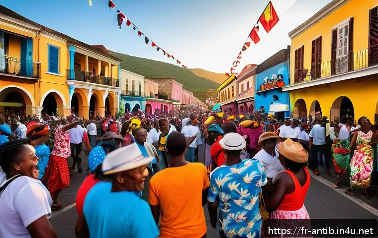 앤티가 바부다 칼립소 음악가 - A vibrant street scene during Antigua&rsquo;s Carnival festival at sunset, featuring a diverse crowd joyfu...