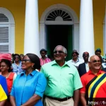 Home 19 앤티가 바부다 총리 목록 - A vibrant political rally in Antigua and Barbuda featuring diverse citizens gathered in front of a c...