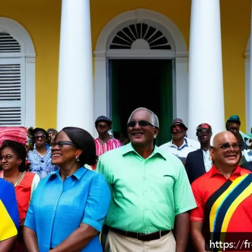 Home 31 앤티가 바부다 총리 목록 - A vibrant political rally in Antigua and Barbuda featuring diverse citizens gathered in front of a c...