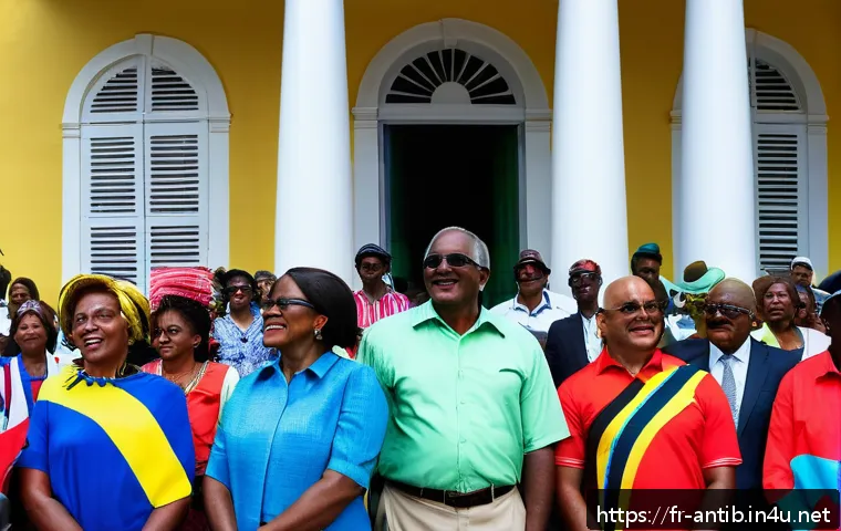 앤티가 바부다 총리 목록 - A vibrant political rally in Antigua and Barbuda featuring diverse citizens gathered in front of a c...