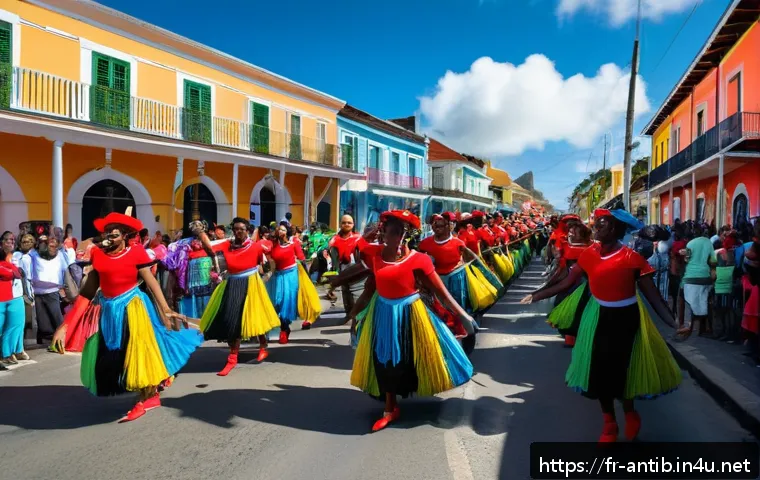 앤티가 바부다 크리올어 사용 - A vibrant street scene during Antigua&rsquo;s traditional carnival, featuring a diverse group of people jo...