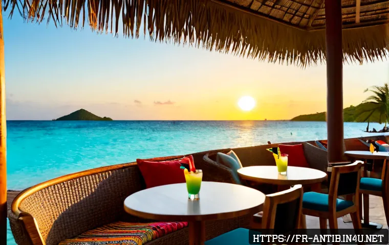 앤티가 바부다 클럽 및 바 추천 - Photorealistic sunset beach club in Antigua, elegant open-air bar facing turquoise Caribbean water, ...