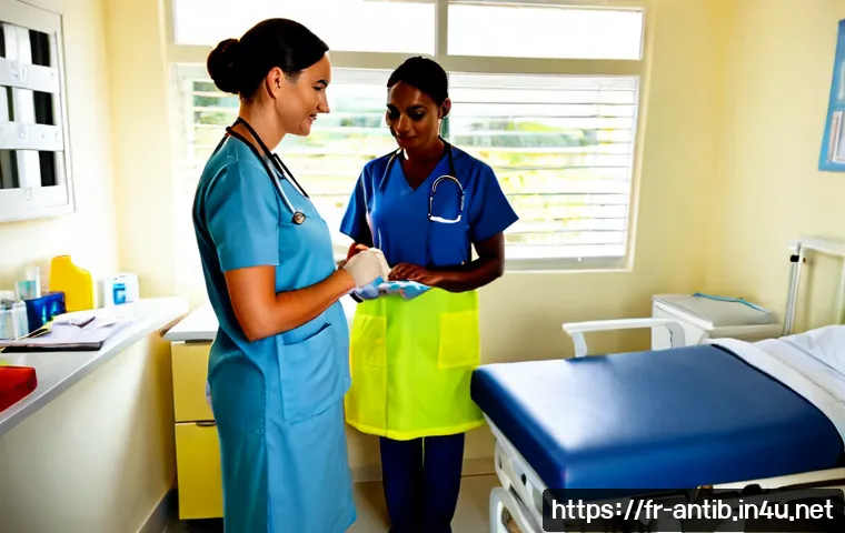 앤티가 바부다 의료 시스템 - Photorealistic modern community health clinic in Antigua and Barbuda, Caribbean doctor consulting an...